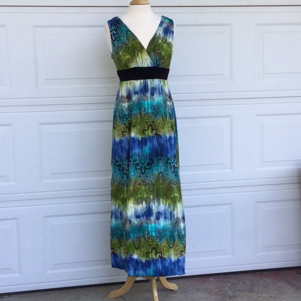 Dressbarn Multicolor Maxi V-neck Back Tie Wide Strap Dress Size 10